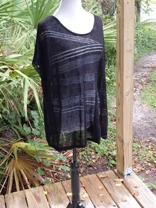 Chicos Travellers 1 Mujer M Suéter Negro Crochet Transparente Mezcla de Lino Boho Costero - Imagen 1 de 17