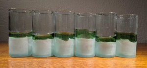 Vintage Hand-Blown Frosted Green Stripe Tumblers MCM Suspended Bubbles Glasses - Picture 1 of 9