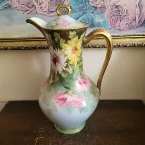 AL Lanternier Limoges France Hand Painted Coffee Pot Chrysantemum Signed - Picture 1 of 14