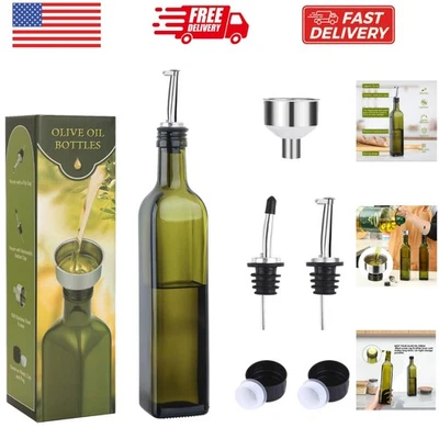 17oz Glass Olive - 500ml Green Oil and Vinegar Cruet with Pourers and Funnel ... - Image 1 of 4