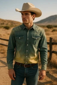 H Bar C Western Shirt Mens M Acid Wash Faded Denim Pearl Snap Cowboy Vtg - Picture 1 of 11