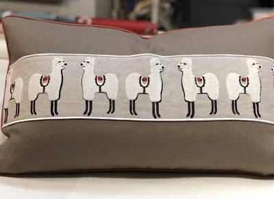 Accent Pillow Cover 24 x 14, Linen Llama border,  color Natural - Image 1 of 4