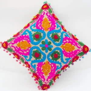 Handmade Pom Pom Uzbek Traditional Suzani Embroidery Indian Cushion Cover 16x16" - Picture 1 of 6