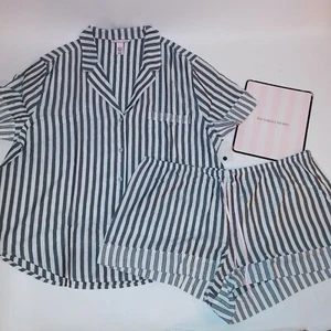 Victoria Secret Pajama Set Sleepwear XL Top & Bottom Flannel Gray Stripe Shorts - Picture 1 of 11