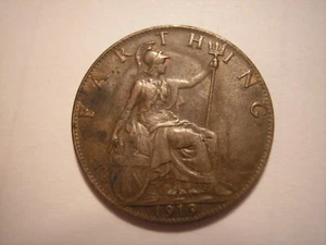 1919, George V, Farthing, KM# 808.2, UK, England - Picture 1 of 9