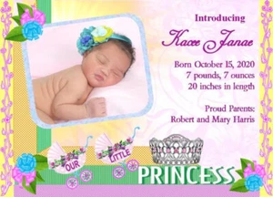 15 Personalized Princess Baby Girl Birth Announcement Cards name photo wt parent - Picture 1 of 1