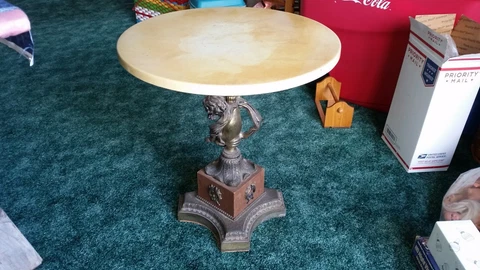 Vintage Marble Brass Round Table Cherub PEDESTAL PLANT STAND  18" across Cover