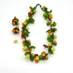 Vintage Obst Halskette und Ohrringe Set 30er Jahre gegossenes Glas Tutti Frutti LESEN - Bild 1 von 12