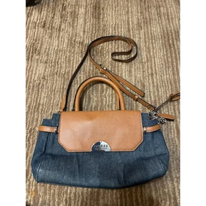 Guess Mathewson Satchel Purse Top Handle Crossbody Denim Blue Brown Small Bag - Picture 1 of 3