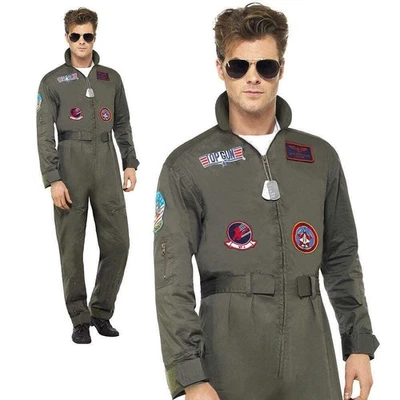 Top Gun Deluxe Pilot Costume Mens Aviator Jumpsuit Fancy Dress Outfit + Aviators - Image 1 of 4