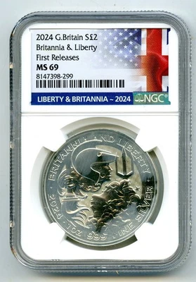 2024 GREAT BRITAIN 1OZ SILVER NGC MS69 BRITANNIA & LIBERTY FR - HEAVY WHITE HAZE - Image 1 of 2
