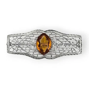 Antique Art Deco Amber Glass Brooch Flower Bar Rhodium Plated Filigree 1910s 20s - Picture 1 of 12