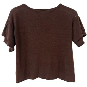 J. Jill Love Linen Chocolate Brown Scoop Neck Double Ruffle Sleeve Top - Size XS - Picture 1 of 6