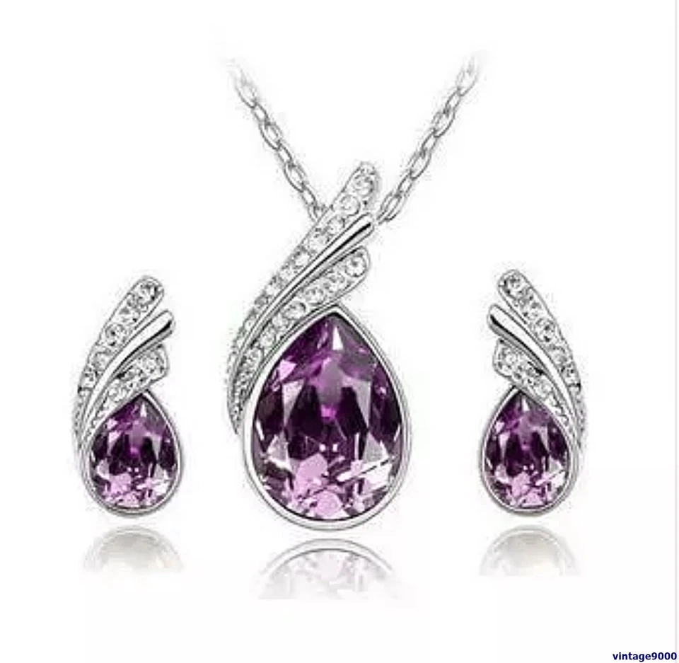 Schmuckset Halskette Anhänger Ohrringe Flügel Tropfen-Blätter Zirkon Silber 29A - Bild 1 von 1