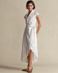 Polo Ralph Lauren Eyelet Midi Wrap Cotton Skirt In White Size 8 NWT - Picture 1 of 9