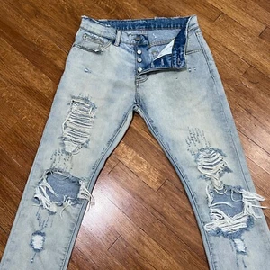 Pantalones de mezclilla MNML para hombre 29x32 azul lavado claro algodón botón mosca angustia puntadas dobladillo crudo - Imagen 1 de 15