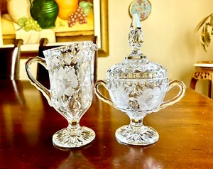 1930's American Brilliant Glass Sugar and Cream Set Etch Rose and Leaf Pattern. - Picture 1 of 9