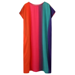 Women Summer Dresses Rainbow Striped Gradient Round Neck Short Sleeve Loose - Picture 1 of 11