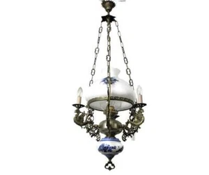 Gothic Dragons Delft Blue White Porcelain chandelier Lampe Belge WOW 4 - Picture 1 of 10