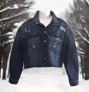 Damen 3XL Distressed Cropped Denim Jeansjacke Relaxed Freizeit Dunkelblau 3XL - Bild 1 von 5