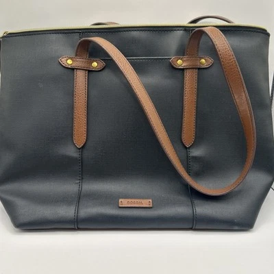 Bolso de Hombro Fossil Felicity Negro Marrón Cuero Vegano Cartera Grande Gran Forma Foto 1 de 4