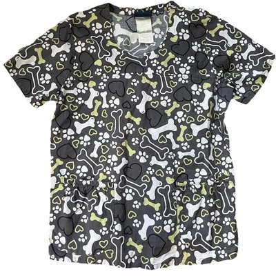 Women’s Small Scrub Top Grave White Lime Green Animal Lover Design Paw Print - Image 1 of 4