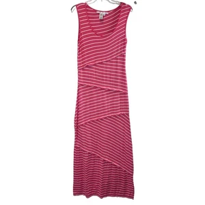 Max Studio Women's Maxi Dress Coral Pink White Striped Sleeveless Tiered Casual - Picture 1 of 6
