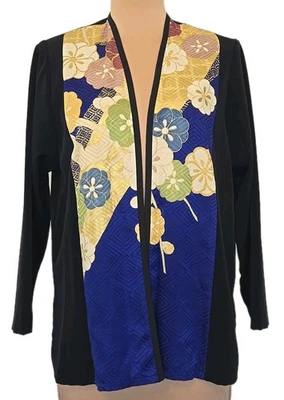 Chaqueta Kimono METO Hawaii Floral Negro Dorado Azul Mujer S Cubierta Frontal Abierta Foto 1 de 4