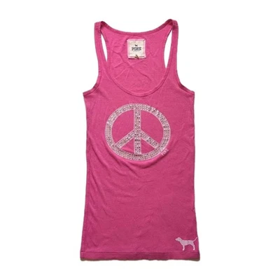 Victoria Secret Pink Vintage Y2K Peace Sign Bling Tank Top Sz M Ribbed Racerback - Image 1 of 4