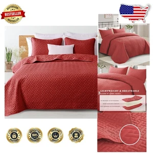 Geometric Basket Weave King Quilt Set - Cozy Red Coverlet for -Round Comfort - Picture 1 of 8