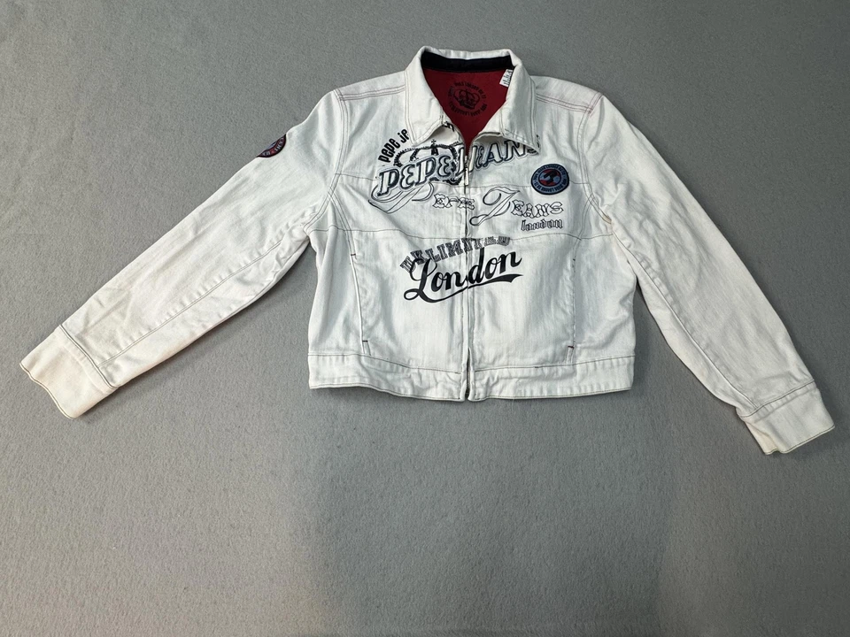 Chaqueta Pepe Jeans Para Hombre 2XL Blanca Denim Cremallera Frontal Gráfico Londres Parche Logo Foto 1 de 4