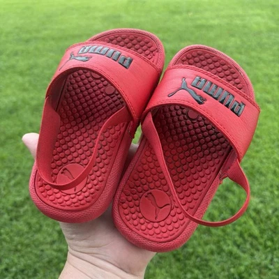 Puma Red Slides Stretchy Back Strap Boys Size 8 GUC Some Wear  - Image 1 of 4