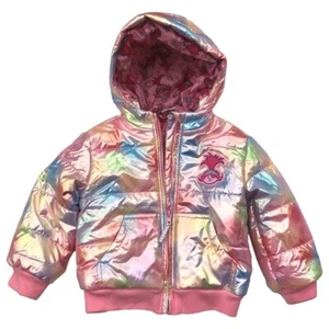 Toddler Girls Shiny Pink Rainbow Poppy Trolls Hooded Puffer Jacket Coat 4T - Picture 1 of 2