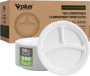 Eco-Friendly 10" Divided Paper Plates, 500 Heavy-Duty Compostable Dinnerware - Picture 1 of 9