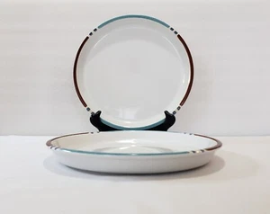 Dansk Dinner Plates 10 1/2" Mesa White Sand Southwest Blue Rust Trim Japan Qty 2 - Picture 1 of 10