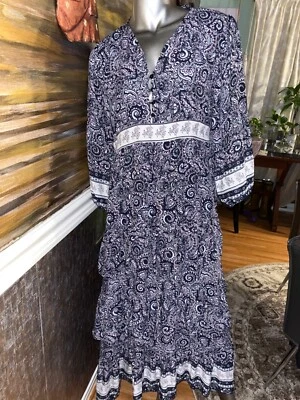 Aqua Paisley Floral Printed Dark Navy Tiered V-Neck Midi Dress SZ L  MSRP $148 - Image 1 of 4