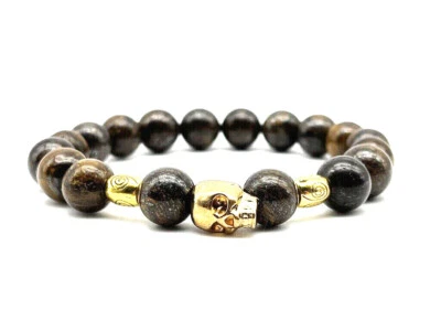 Brazalete Armonía Piedras Preciosas Cuentas 10mm Calavera Bronzita y Oro Foto 1 de 4