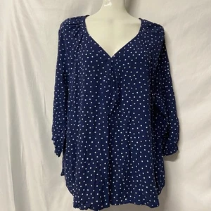 St John's Bay Top Blouse Size L 3/4 Sleeves Polka Dot Dark Navy Blue Vintage - Picture 1 of 10
