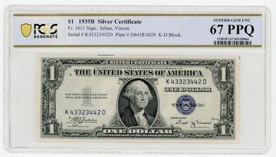 Certificado de prata 1935B PCGS joia soberba UNC 67 Fr. 1611 Julian, Vinson  - Imagem 1 de 2