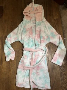 Sz 10/12 RENE ROFE Girls Fleece Long Sleeved Unicorn Bath Robe W Hood & Horn - Picture 1 of 12