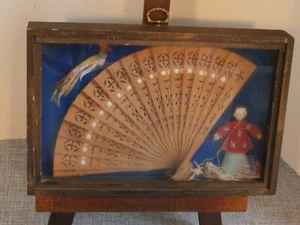 Vintage Asian Wooden Shadow Box w/ Glass Front Carved Fan/Feather Bird/Woman - Picture 1 of 12