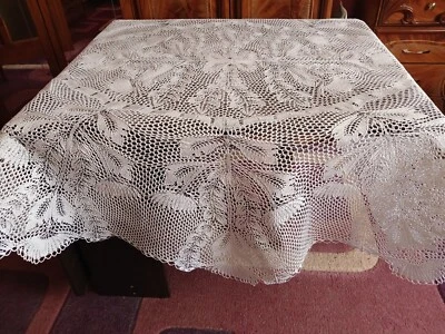 Hand Knitted Tablecloth 104″ Cotton Handmade Lace Doily - Image 1 of 4