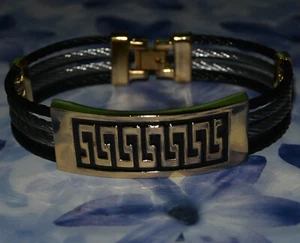 Dolly-Bijoux  Bracelet 2+2 Câbles Acier & Rhodié Noir Filigramme GREC Plaqué Or  - Picture 1 of 2