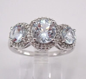Three Stone Diamond and Aquamarine Halo Engagement Ring White Gold Bridal Ring - Picture 1 of 6