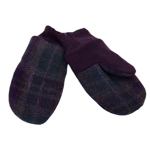 Wool Mittens Youth Size Handmade Fleece Lined Purple Plaid Warm Winter Plum - Picture 1 of 8