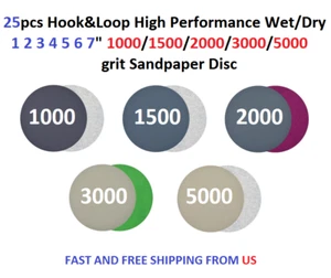 25pcs Hook&Loop Wet/Dry 1 2 3 4 5 6 7" 1000-5000 Grit Sandpaper Disc - Picture 1 of 7