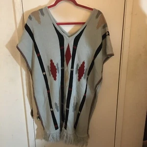 Vintage 1970s Kimlon One Size Fringe Trim Striped Poncho Sweater Multicolor - Picture 1 of 4