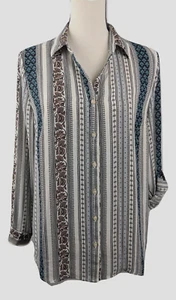 Charter Club Blouse Women’s PM Petite Blue Button Down Long Sleeve Patterned - Picture 1 of 4