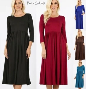 New PLUS SIZE Womens SOFT BLACK BLUE BURGUNDY 3/4 MIDI DRESS POCKETS 1X 2X - Picture 1 of 6