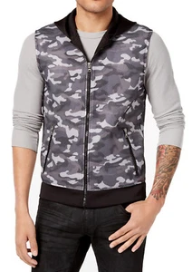 New Mens INC International Concepts Camo Print Deep Black Full Zip Hooded Vest L - Picture 1 of 2
